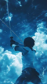 Skyward fencer lifts twin blades toward luminous clouds.