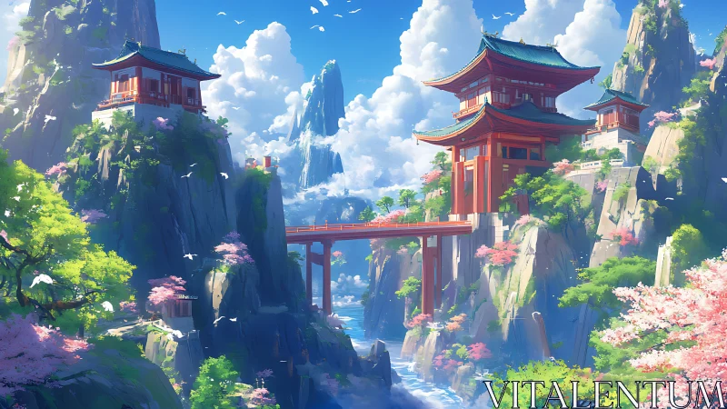 Mountain temples rise above misty cliffs in radiant spring light