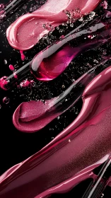 Layered cosmetic liquid streaks on black reflective surface.