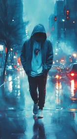 Hooded figure walks alone through neon lit rainy city street.