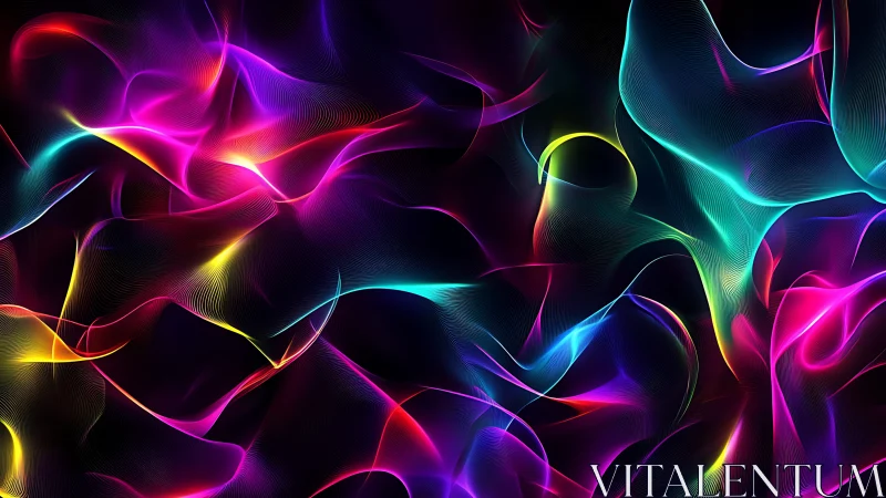 Neon abstract light waves on dark digital background.