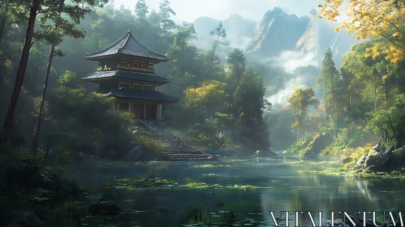 Mountain temple overlooks misty forest lake at sunrise.