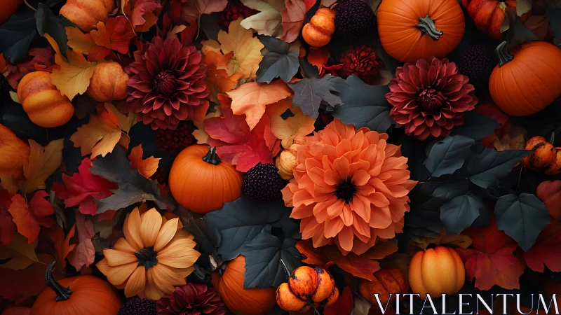 Photorealistic autumn florals with pumpkins in dense overhead layout.
