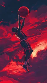 Basketball player soars toward the hoop through blazing skies