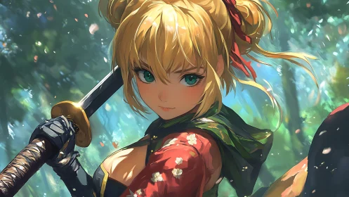 Anime swordswoman poised in dynamic forest lighting study