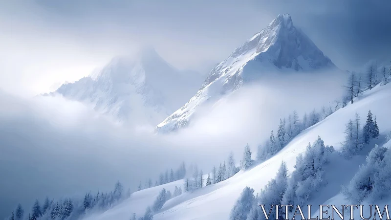 Snow-draped alpine peaks emerge through soft winter mist.