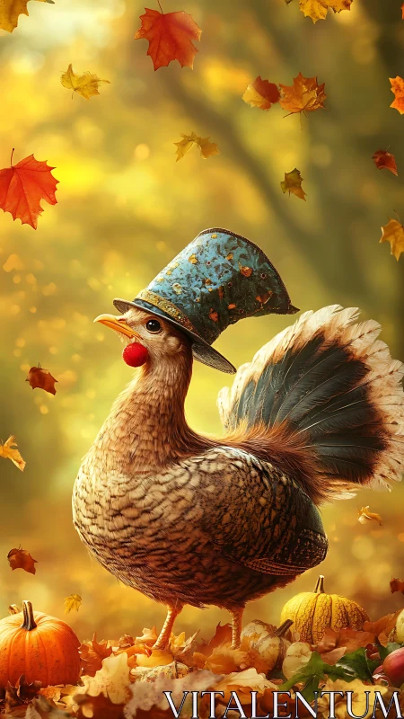 Stylized bird figure wearing decorative hat amid autumn foliage and pumpkins.