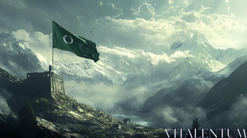 Green standard above stone fortress in misty high peaks.