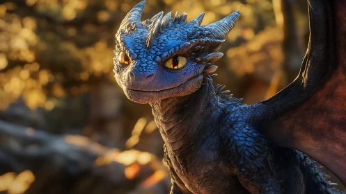 Playful blue baby dragon glows in warm forest light.