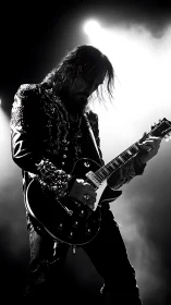 Rock guitarist commands stage under dramatic backlight.