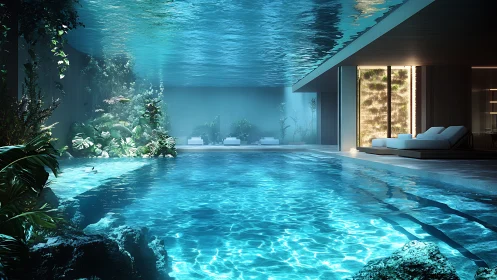 Submerged luxury pool interior renders refracted aquatic light