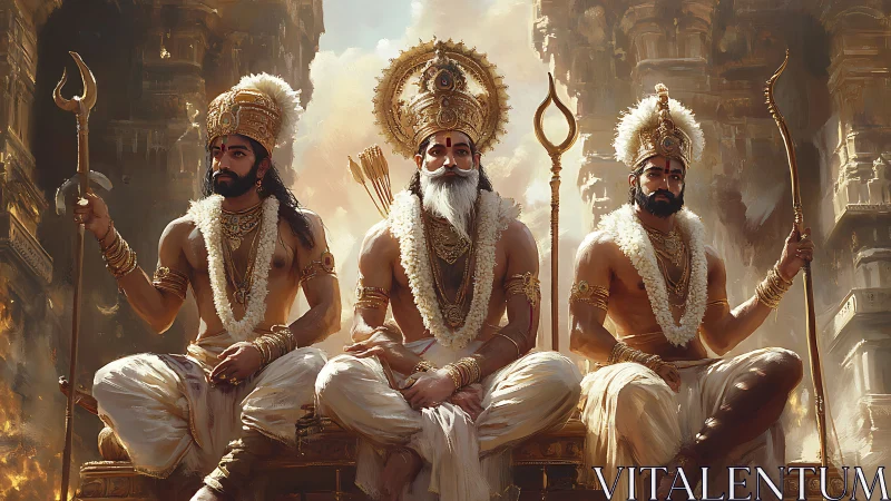 Royal trinity of warrior sages seated in ornate golden mandapa