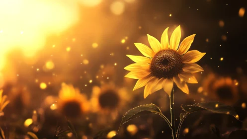 Backlit sunflower with particulate bokeh in golden-hour field.