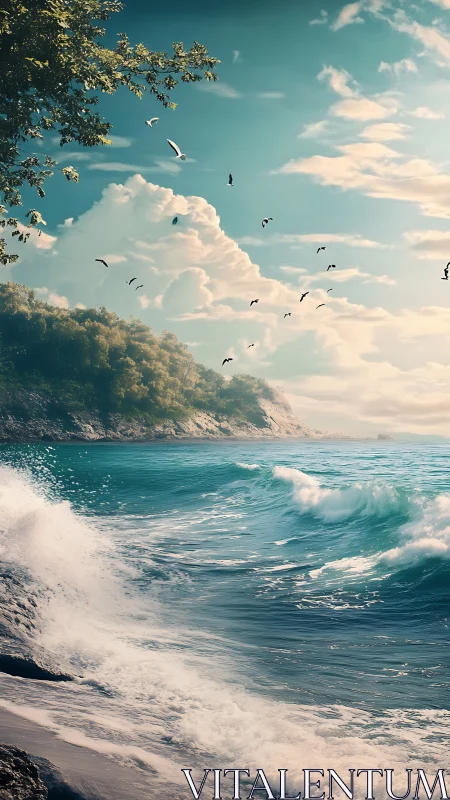 Sunlit waves crash along a tranquil, cloud-draped coastline