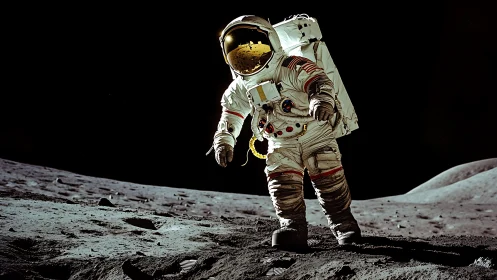 Astronaut strides across stark lunar surface under black sky.