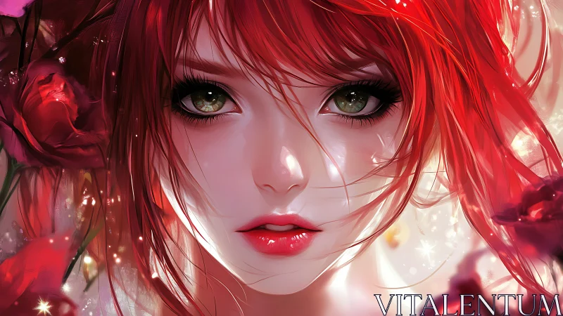 Red haired female portrait with floral accents and light effects.