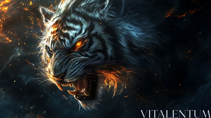 Digital painting of flaming spectral tiger head in motion.