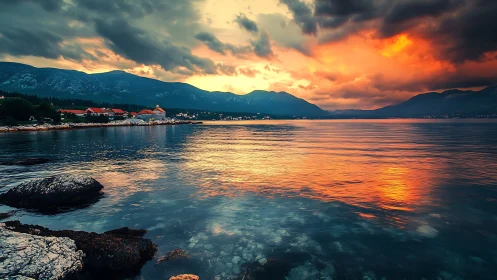 Coastal village shoreline reflects dramatic, flame-toned sunset sky