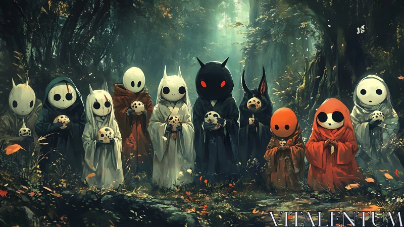 Hooded forest sprites aligned in ritual orb procession.