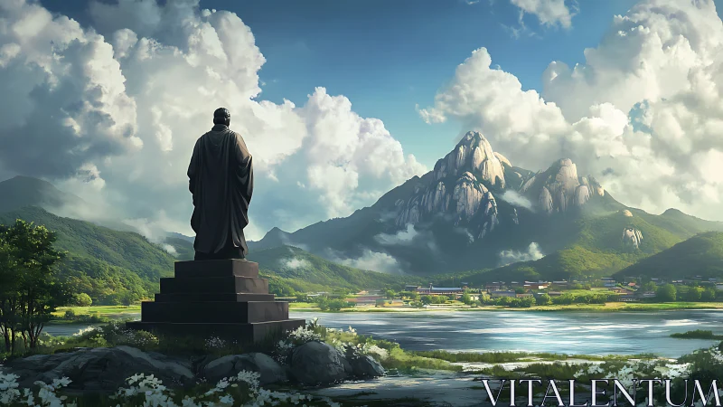 Monolithic riverside statue surveying stratified clouded peaks.