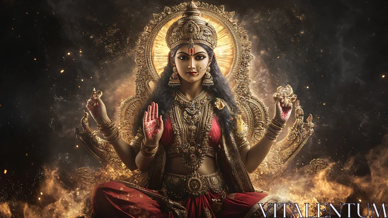 Digital depiction shows multi-armed goddess figure in flames