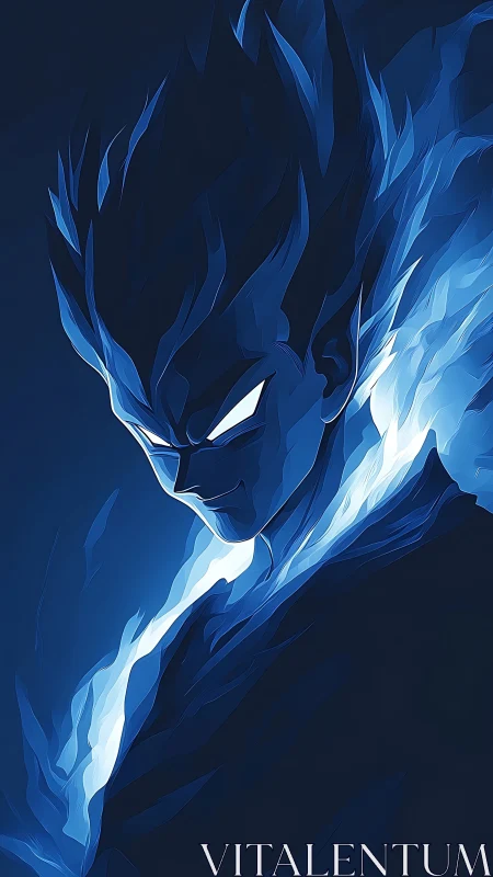 Brooding blue warrior wrapped in glowing flame-like energy.
