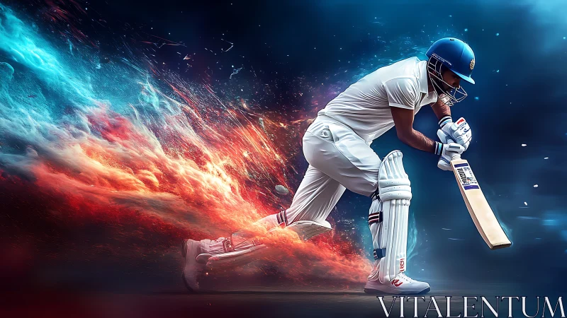 Blazing cricket batter carving cosmic trails of fire and ice.