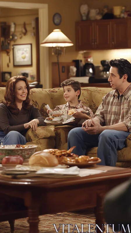 Family in warm-toned living room sharing casual evening meal