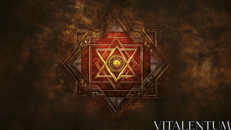 Golden sacred geometry mandala on weathered bronze field.