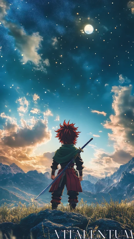 Anime hero under stellar sky in panoramic fantasy landscape.