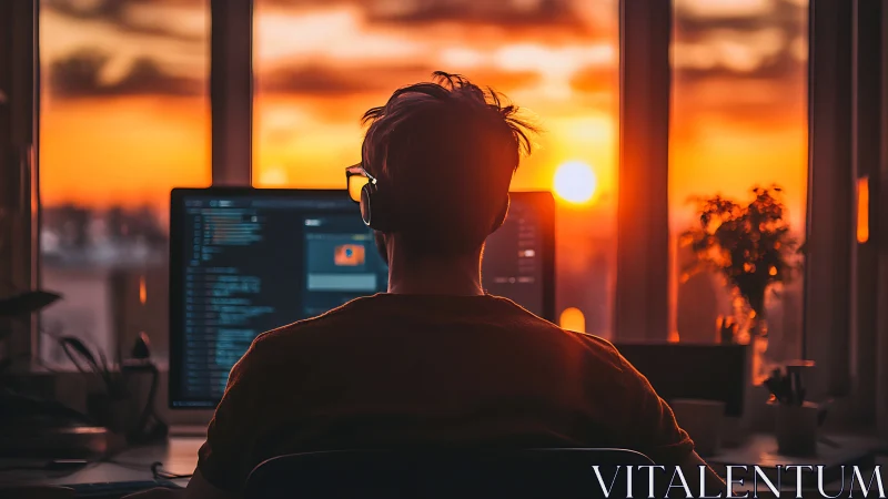 Golden hour coder finds quiet focus in a warm sunset glow