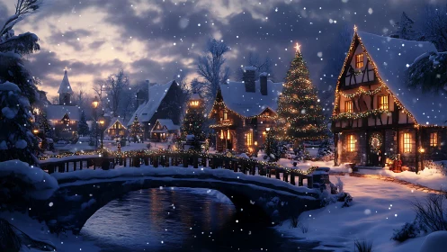 Snowlit village bridge under glowing Christmas lights.