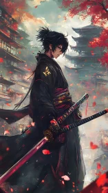 Solitary samurai stands amid crimson petals and towers.