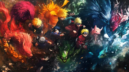 Radial composition aligns multiple ninja forms with elemental beasts