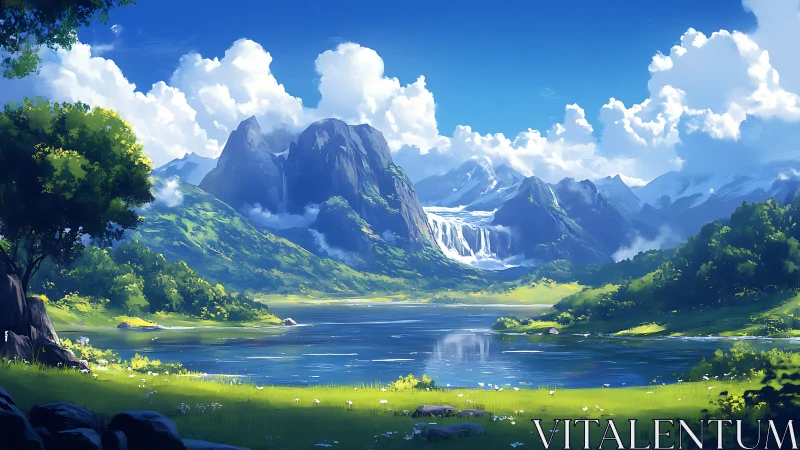 Verdant alpine lake with cascading glacier waterfalls at noon