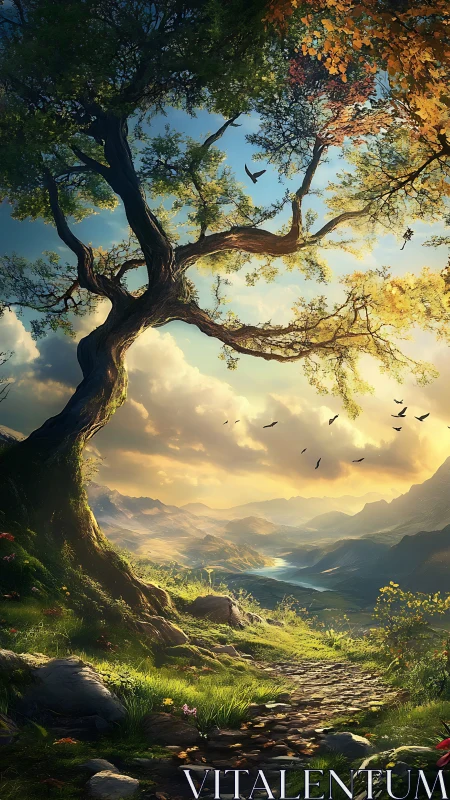 Luminous valley path under ancient windswept tree canopy.