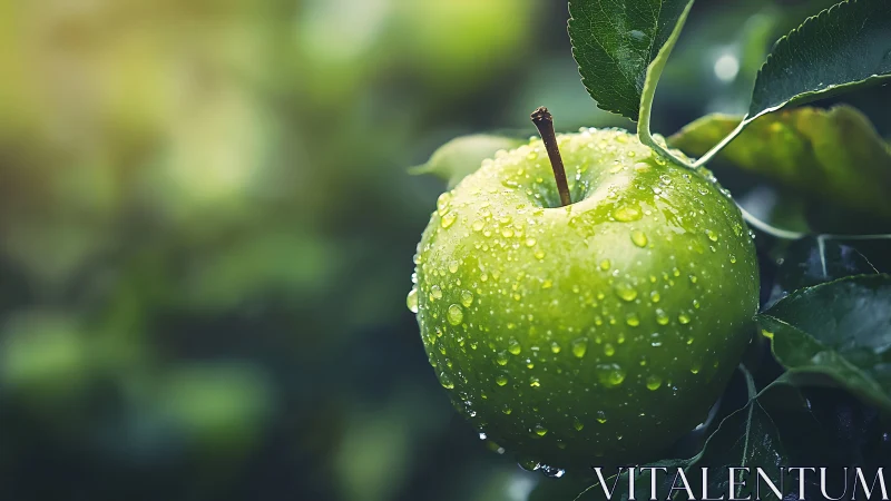 Macro study of dewy green apple on branch with shallow depth
