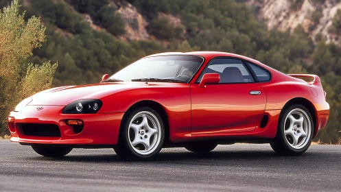 Red 1990s sports coupe parked on mountain road at sunset.
