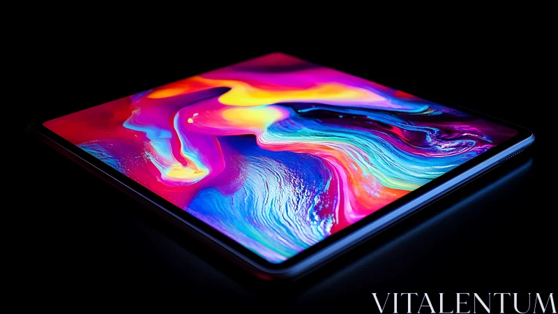 Tablet with vivid abstract display on black background.