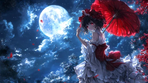 Lunar backlit anime figure with red parasol and spectral foliage.