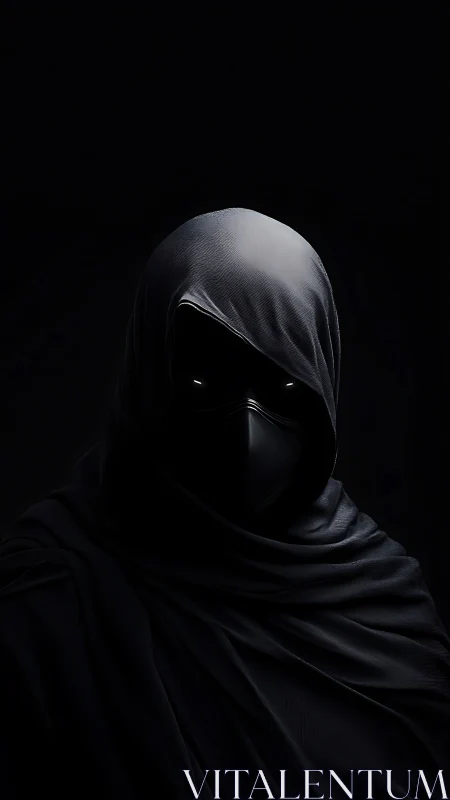Hooded masked figure in low-key lighting against black background.