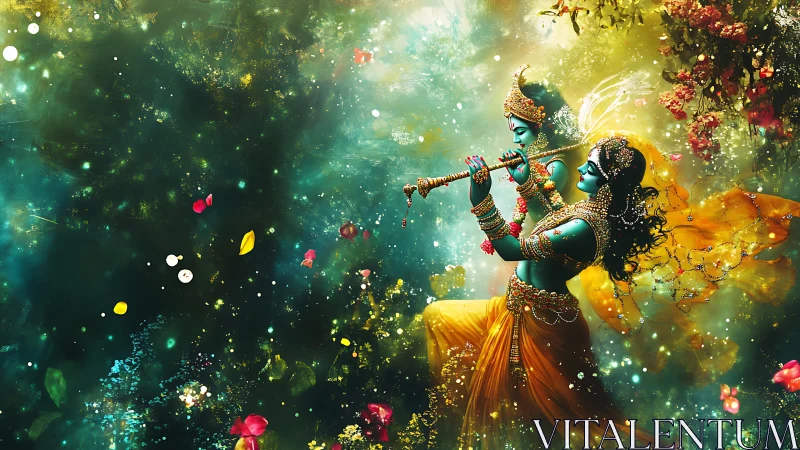 Mythic blue figures with flutes in luminous forest scene.