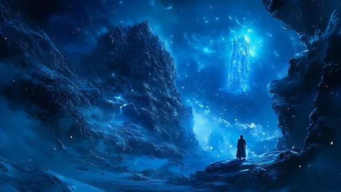 Glacial abyss observer beneath luminescent cosmic spire.