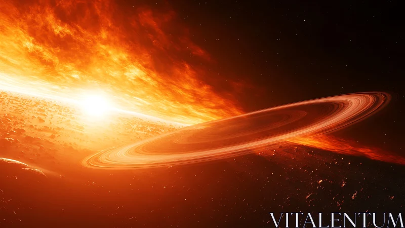 Solar inferno crowns a blazing ringed world in ember skies.