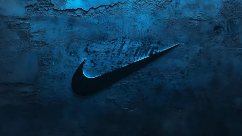 Swoosh silhouette glows against textured blue concrete wall.