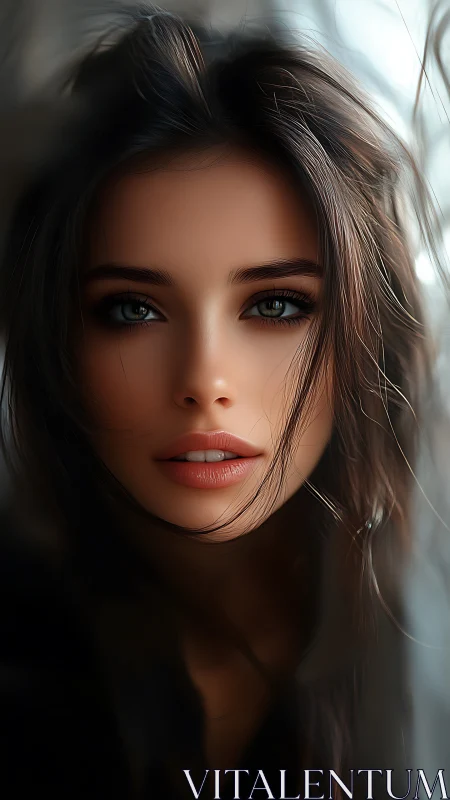 Close frontal portrait of young woman with loose dark hair.