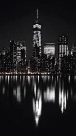 Monochrome waterfront skyline with mirrored high-rise reflections.