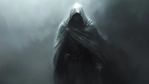 Hooded wraith strides through stormlit fog of forgotten realm.