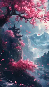 Mountain landscape shows tiered pagodas and dense cherry trees