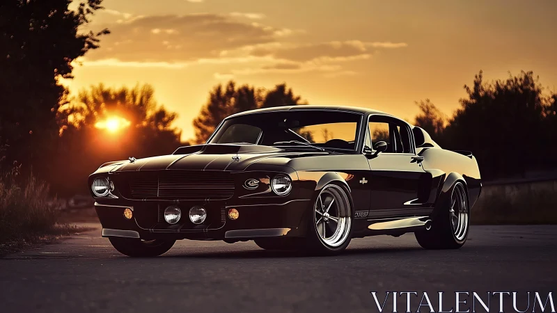 Glowing sunset frames a classic muscle car ready to roam free